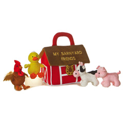 Plush barnyard animals set in a red barn carrier from Baby Talk by ebba, featuring sounds for sensory play.