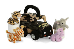 Set of plush safari animals in a jeep carrier by Baby Talk ebba, with unique sounds for interactive play.