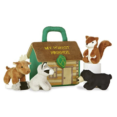 Set of plush forest animals in a hut carrier by Baby Talk ebba, each with unique sounds for interactive play.