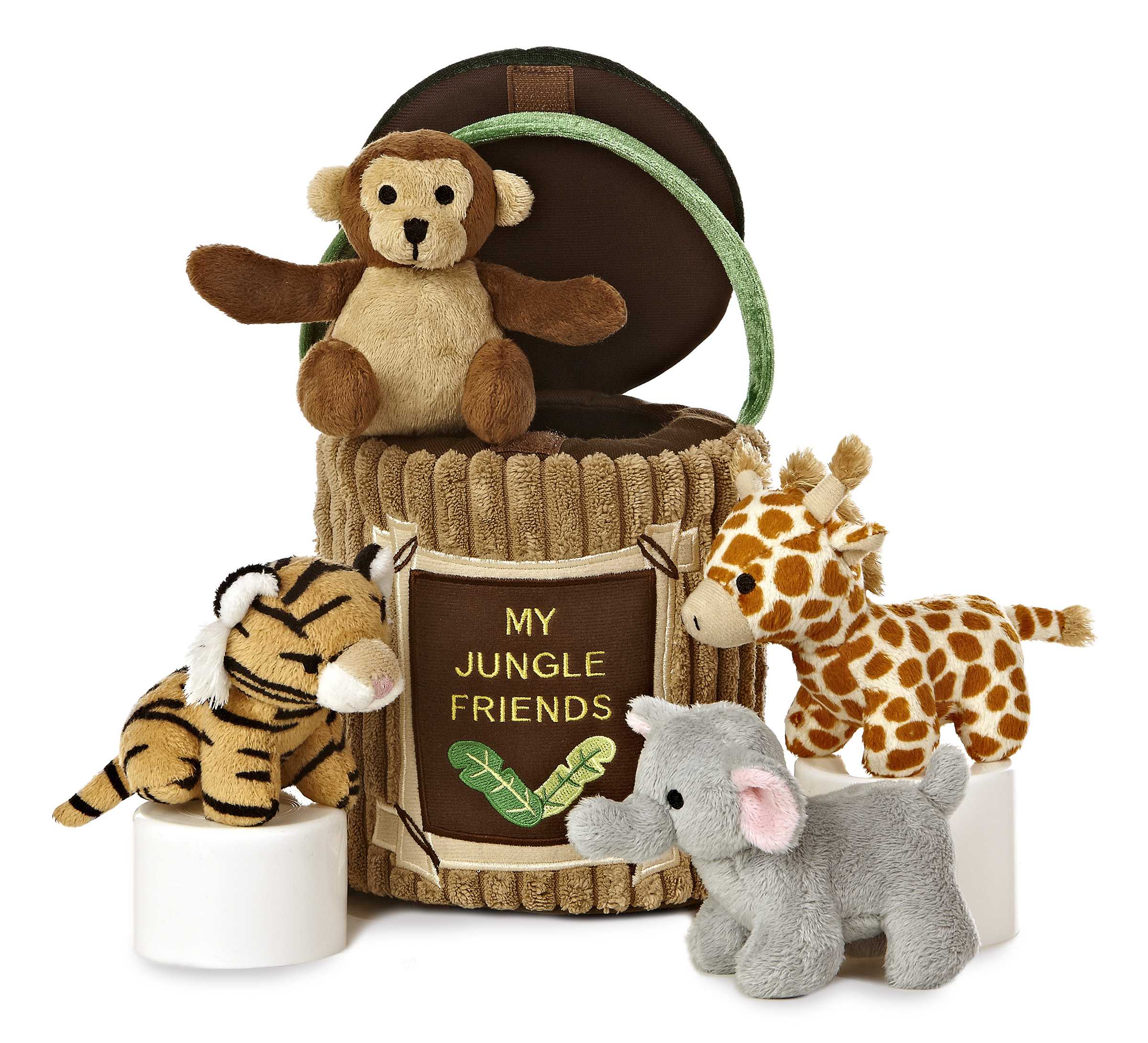 Jungle animal plush set in a themed carrier by Baby Talk ebba, featuring sounds for sensory and imaginative play.