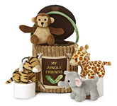 Jungle animal plush set in a themed carrier by Baby Talk ebba, featuring sounds for sensory and imaginative play.
