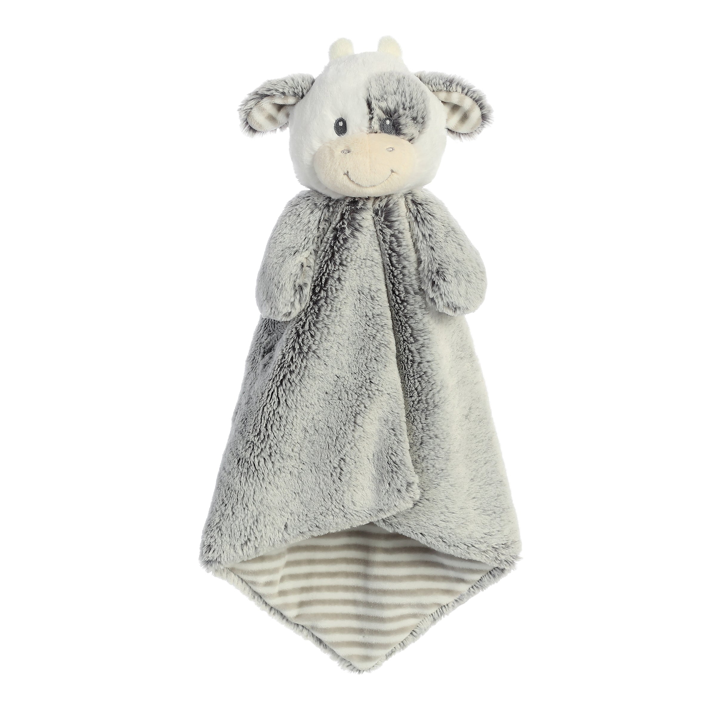 Coby Cow plush from Cuddlers Luvster by ebba, featuring a soft grey body and striped belly