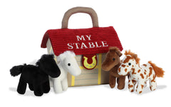 Collection of plush horses in a stable-themed carrier by Baby Talk ebba, each with unique sounds for playful learning