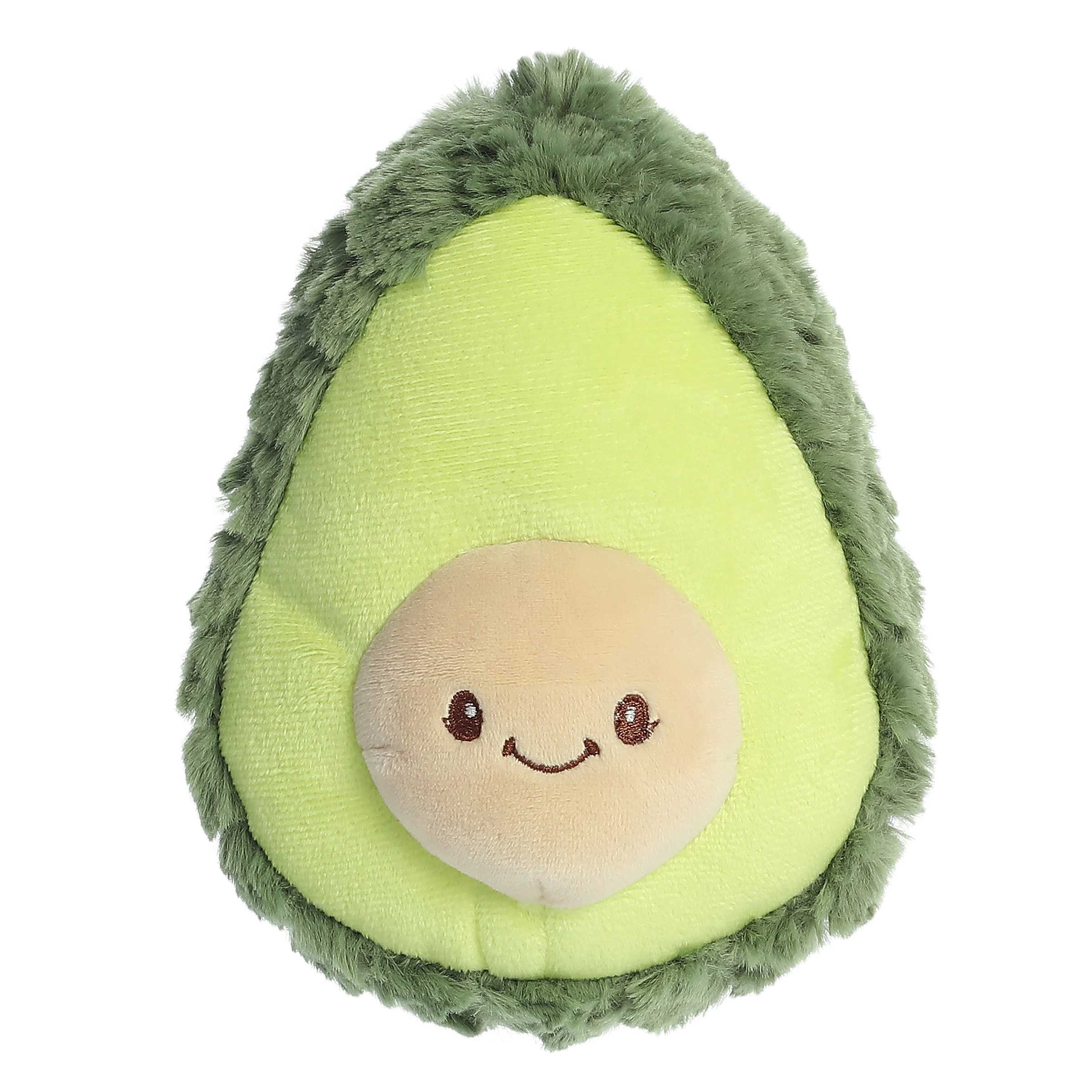 Adorable Avocado Plush Toy with a green round body, dark green fur on the back, and a yellow smiling face at the center