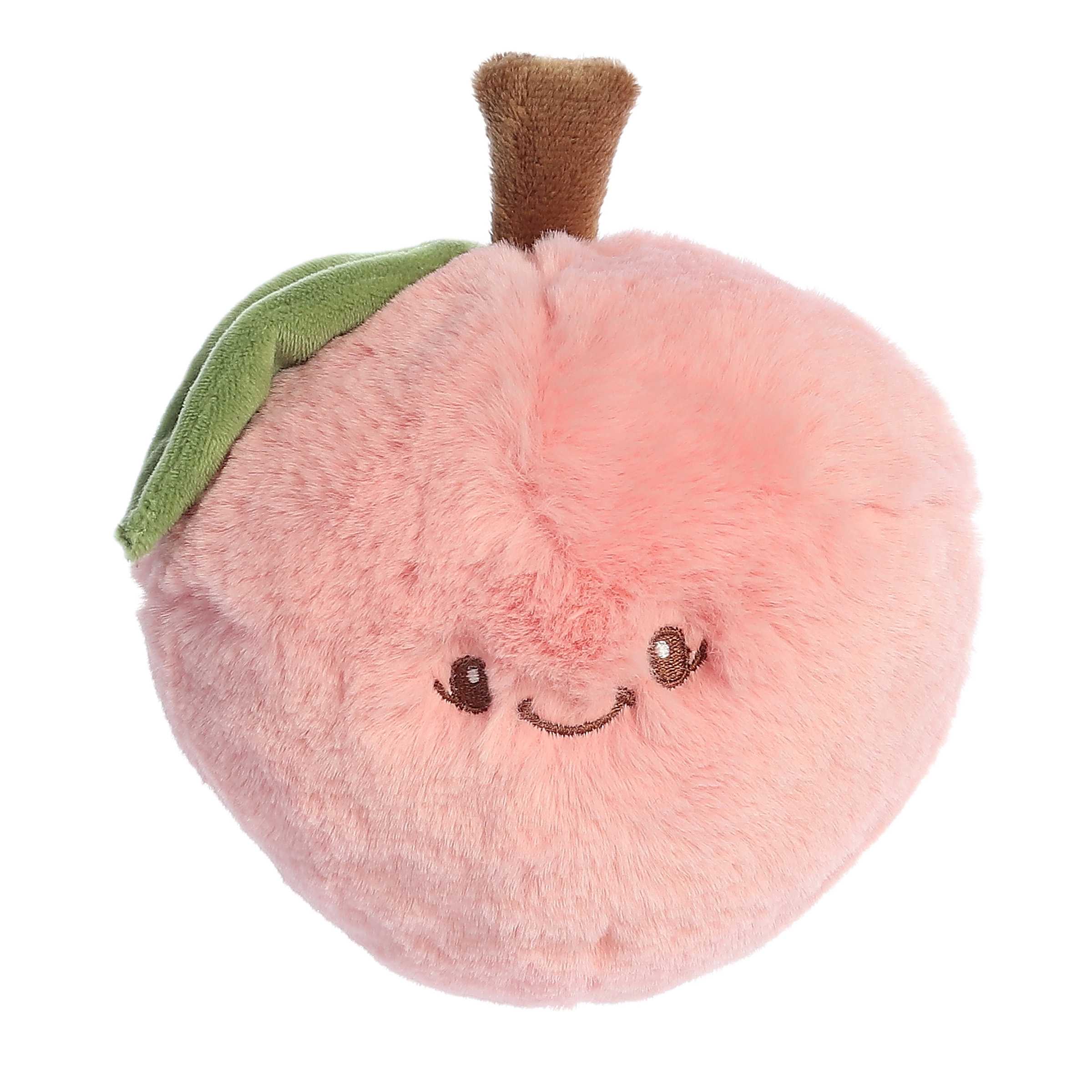 Adorable Peach Plush Toy with a pink round body, smiling face, and a dark brown stem and green leaf design at the top.