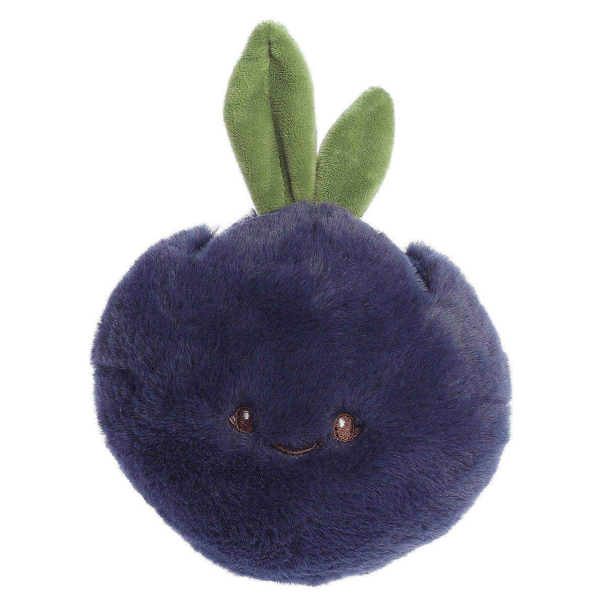 Adorable Blueberry Plush with a dark blue round body and fur, smiling face with brown accents, and green leaf on top.