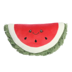 Adorable Watermelon Plush Toy with a red and white body, green fur, and embroidered smiling face and seeds design.