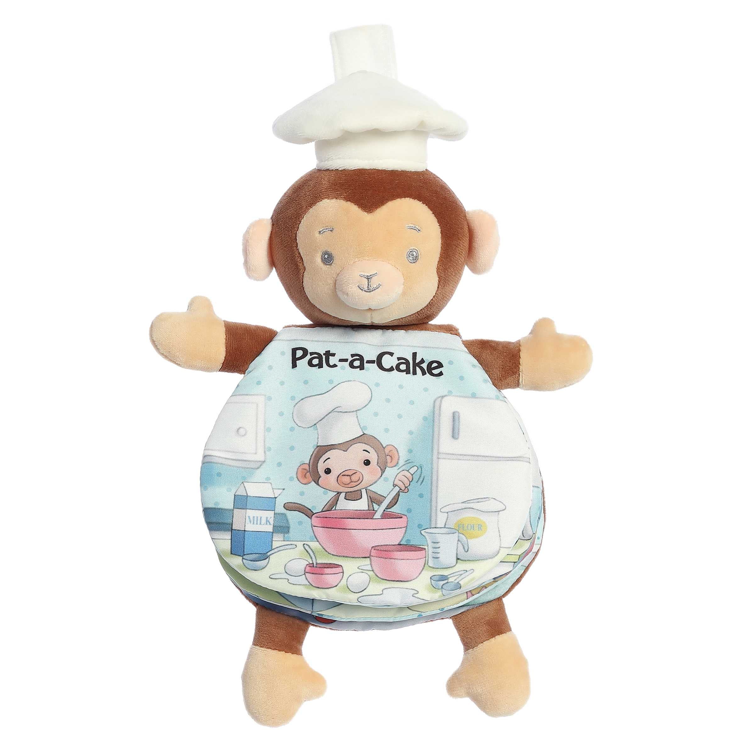 Playful Pat A Cake storybook with crinkly pages and pictures, and with a brown monkey stuffed animal wearing chef's hat
