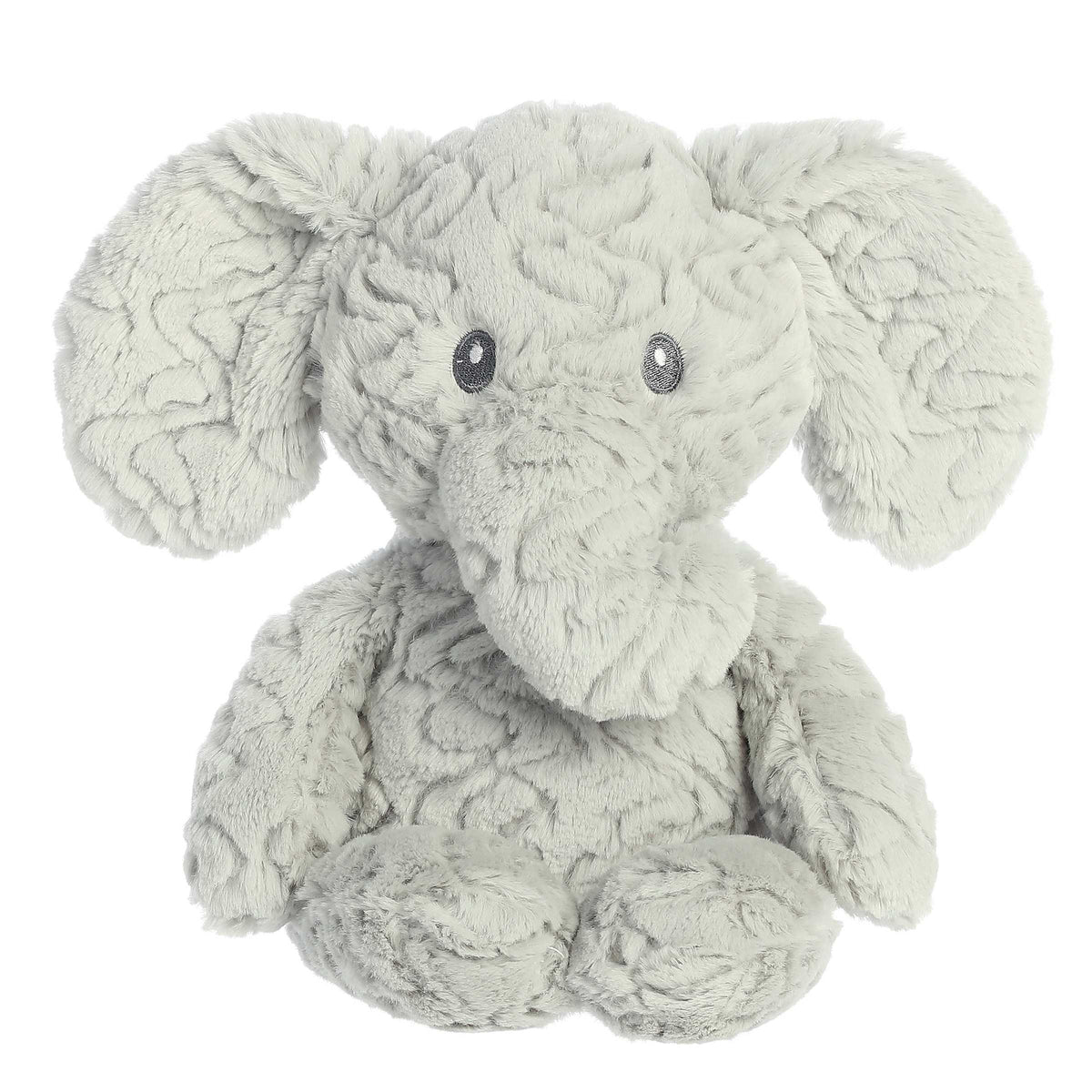 Soft grey elephant plush with friendly blue eyes and textured fabric, crafted for tactile exploration, by Aurora plush.
