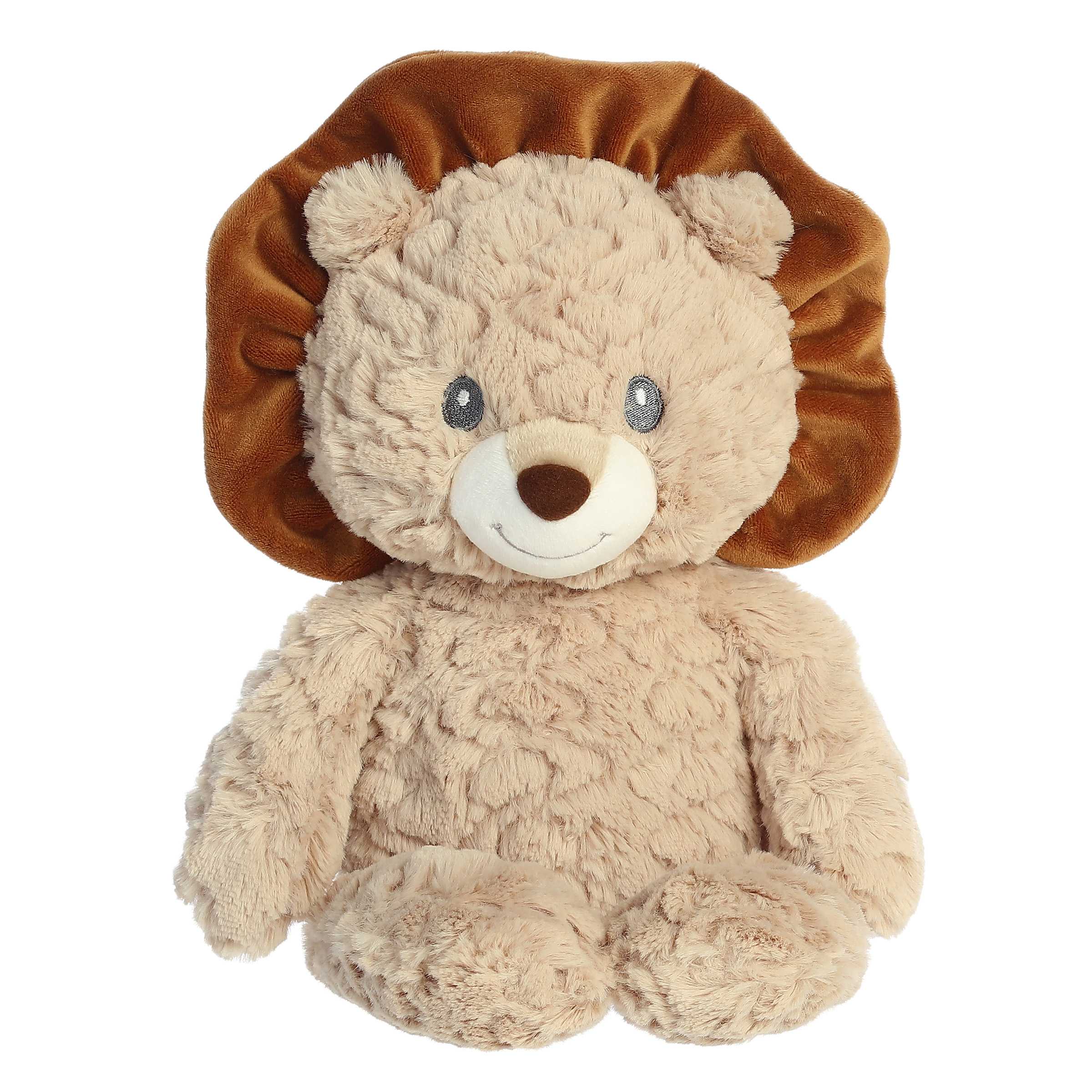 Sandy-bodied lion plush with a rich brown mane, crafted with baby-safe materials for huggable, by Aurora plush.