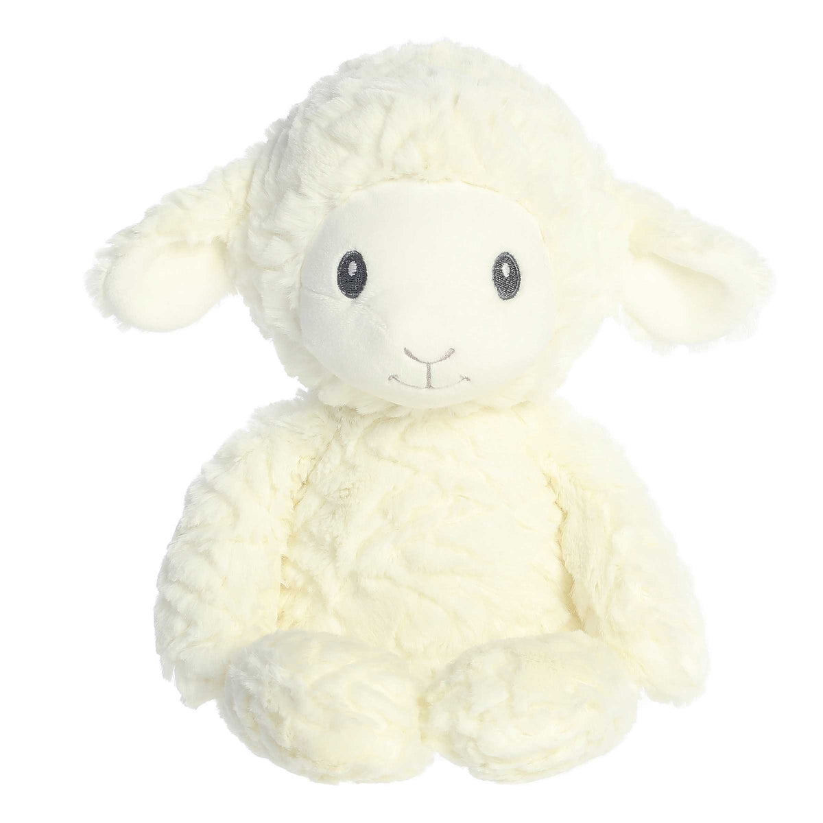 Creamy, cloud-like lamb plush with gentle patterns and soft blue eyes, designed for comfort and security, by Aurora plush.