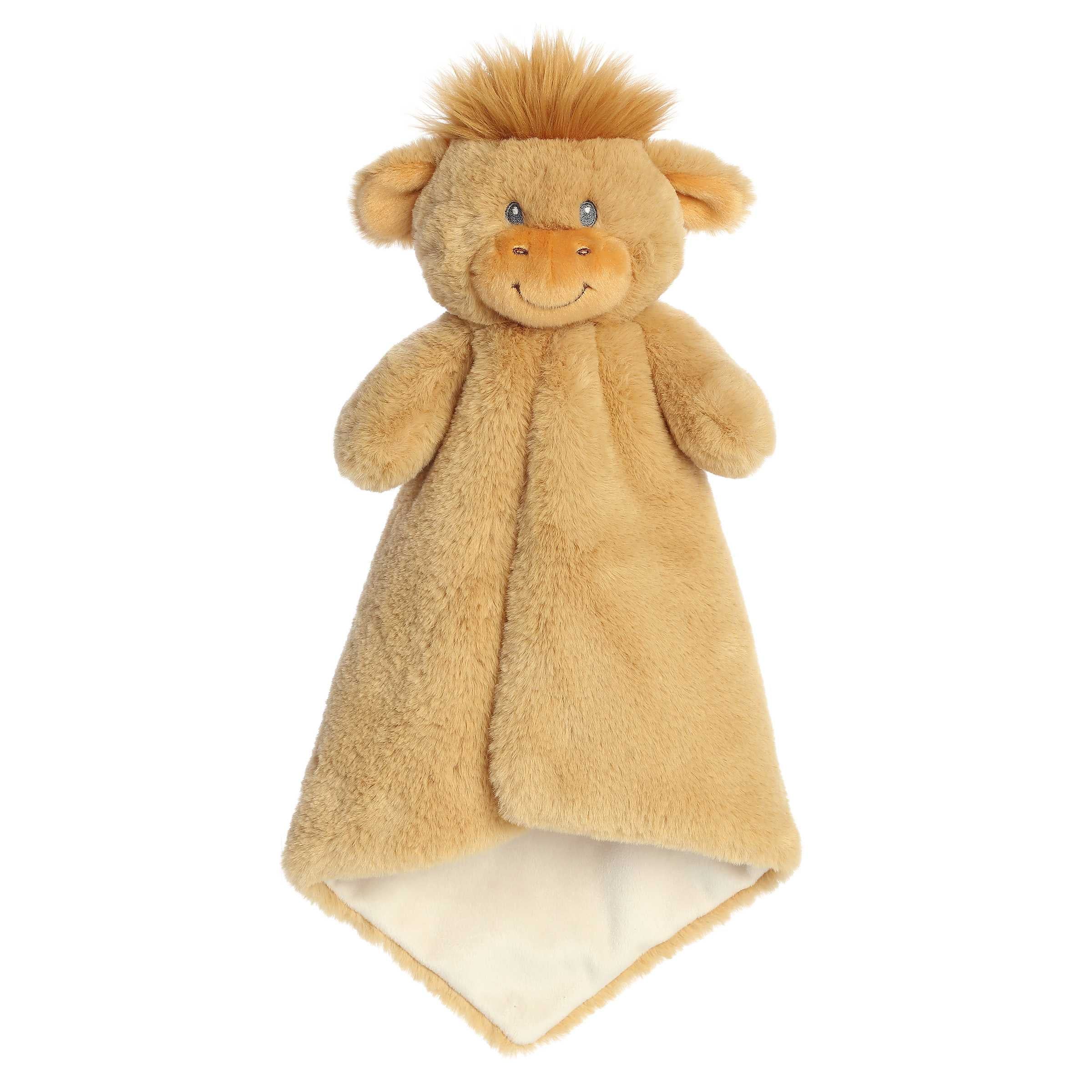 Plush highland cow head with a soft, comforting blanket, designed for baby cuddles, by ebba Cuddlers.