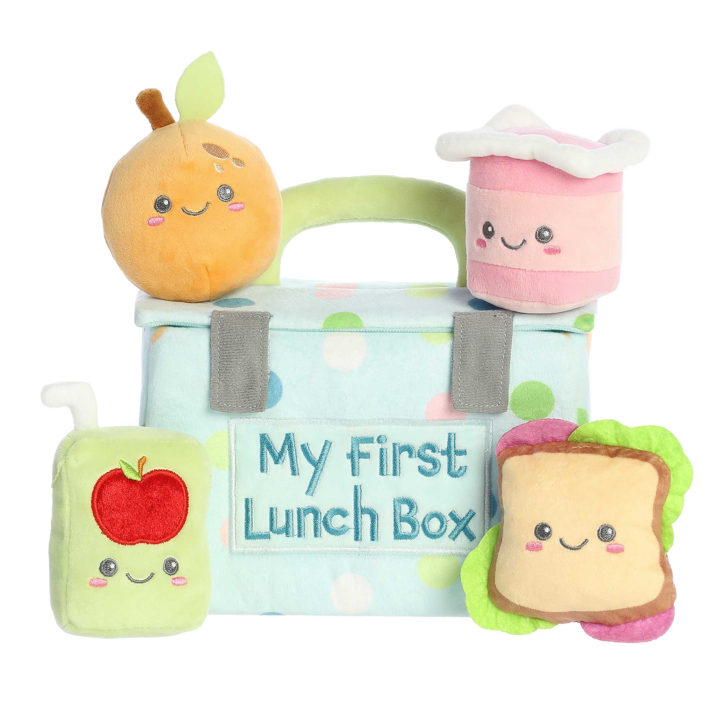 Soft fabric lunchbox with bright design and plush food items that rattle and crinkle, designed for sensory play, by ebba.