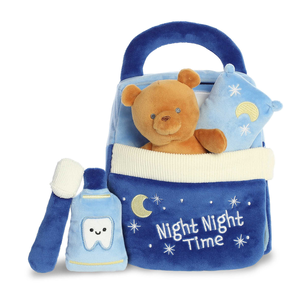 Plush pillow, teddy, and milk bottle in a bedtime book bag, each with gentle sounds, crafted for soothing play, by ebba.