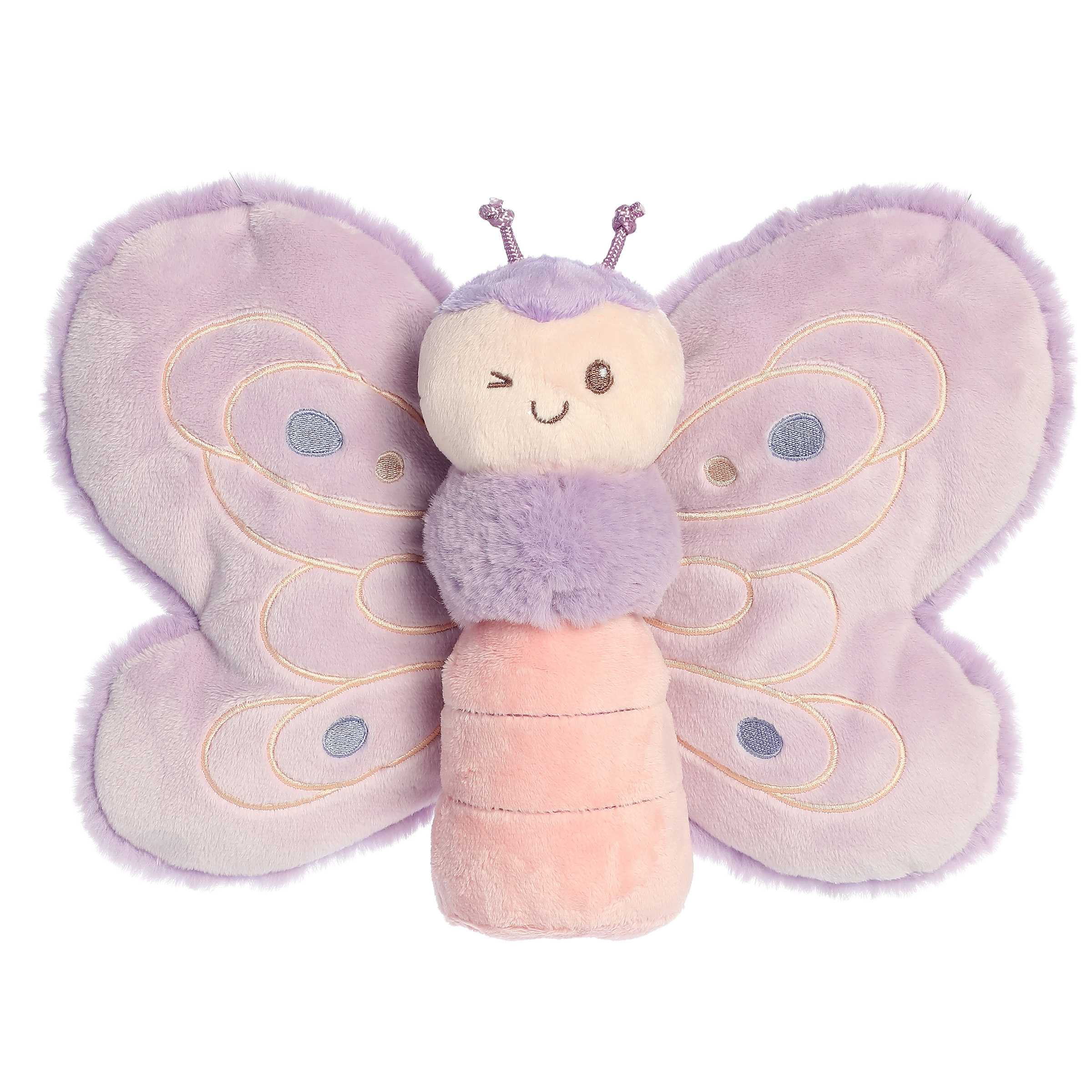 Lavender-winged butterfly plush with decorative patterns and a smiling face, crafted for tactile exploration, by ebba.