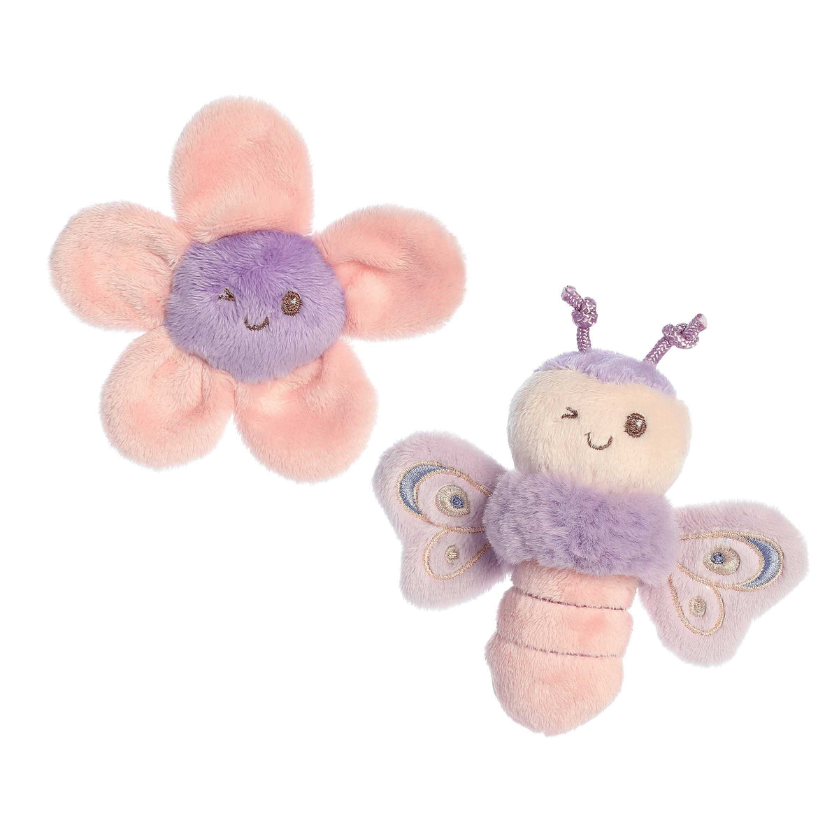 Butterfly plush with rattle and flower with crinkle features, designed for sensory and motor skills development, by ebba.