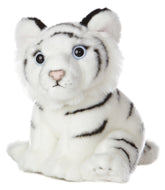 A white tiger plush toy from Miyoni Tots by Aurora with black stripes and icy blue eyes