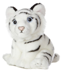 A white tiger plush toy from Miyoni Tots by Aurora with black stripes and icy blue eyes