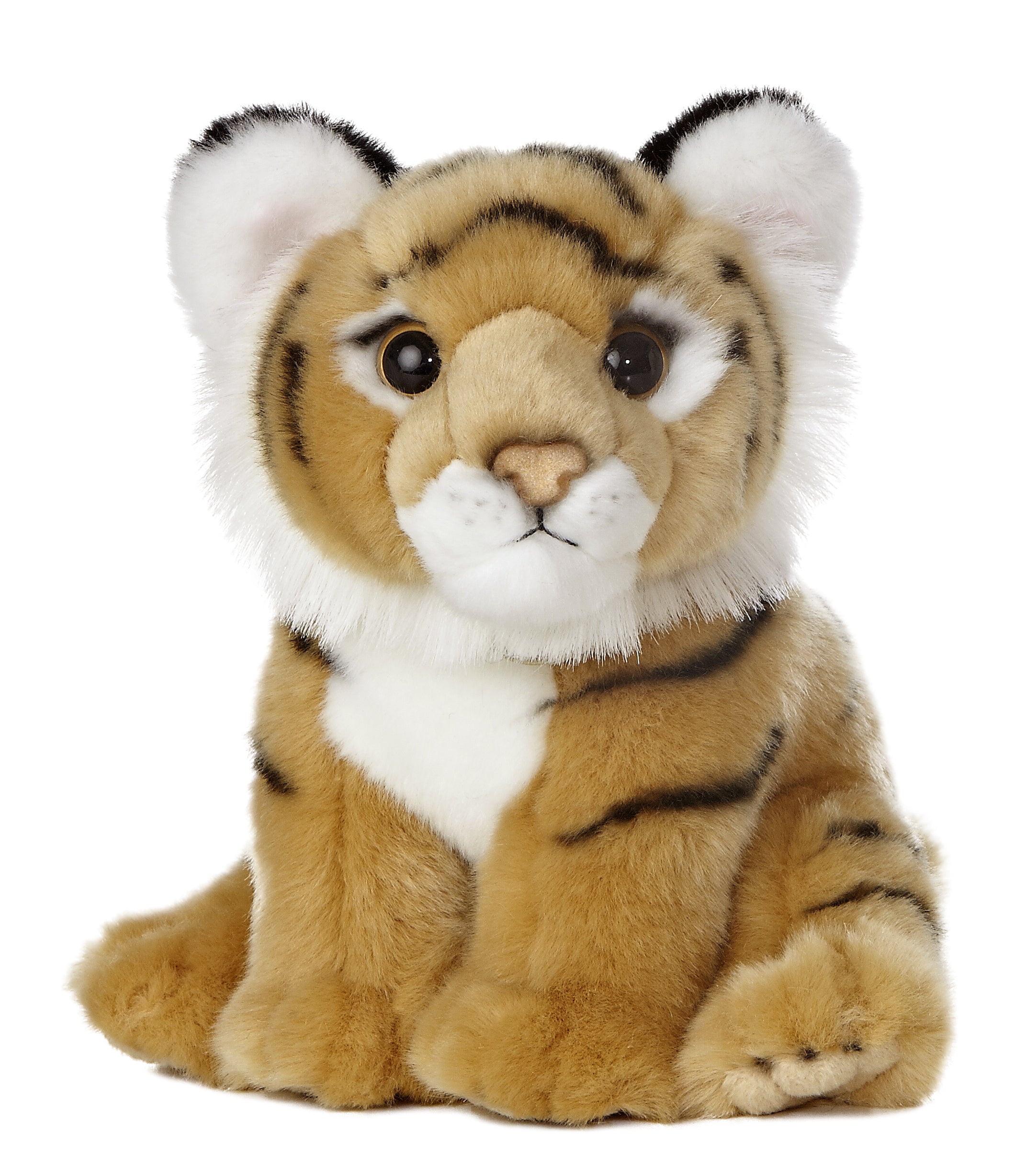 A Bengal tiger plush from Miyoni Tots by Aurora with orange striped fur and soft white accents.