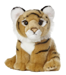 A Bengal tiger plush from Miyoni Tots by Aurora with orange striped fur and soft white accents.