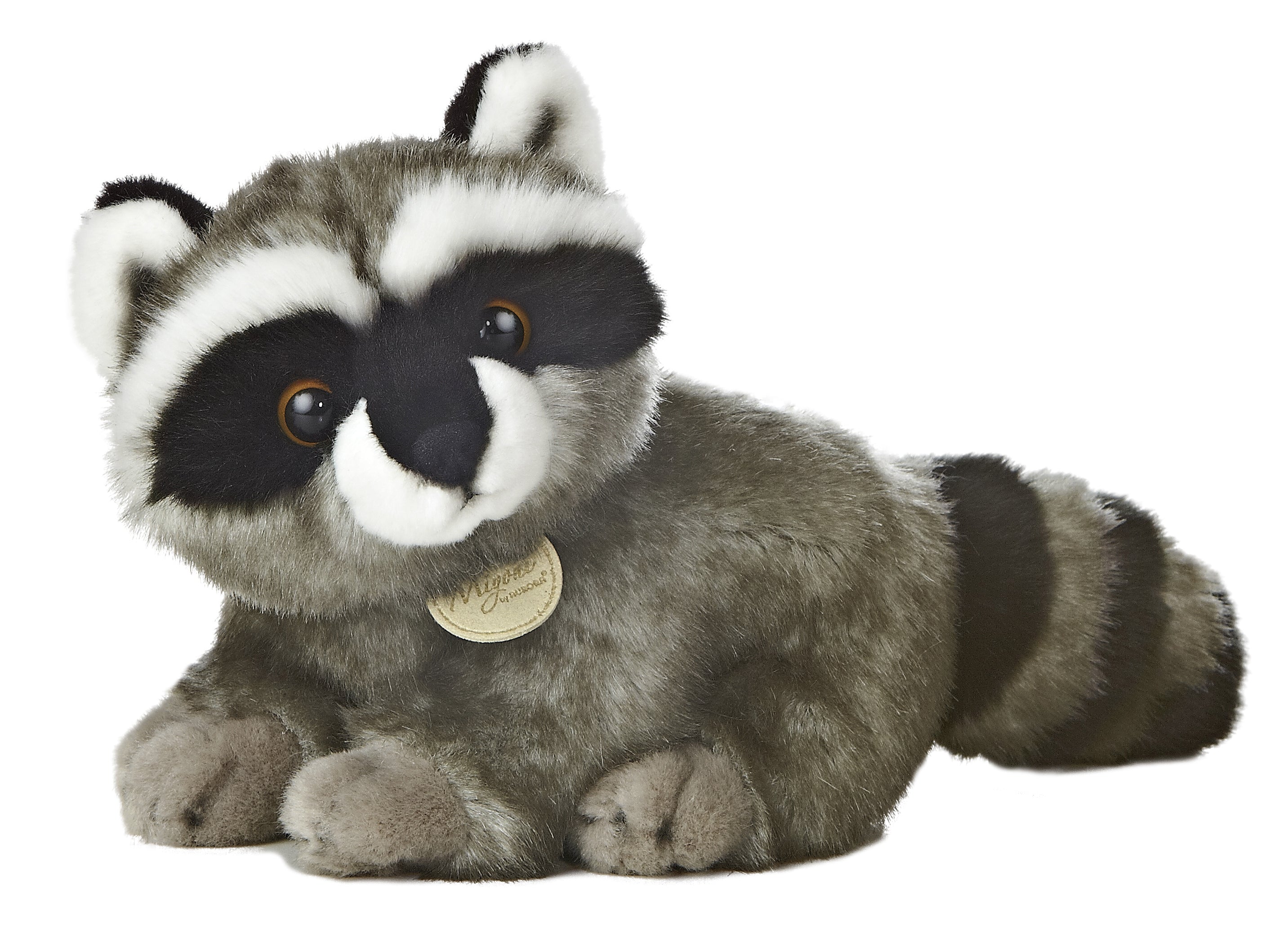 A grey raccoon plush toy from Miyoni by Aurora with a striped tail and classic black facial markings.