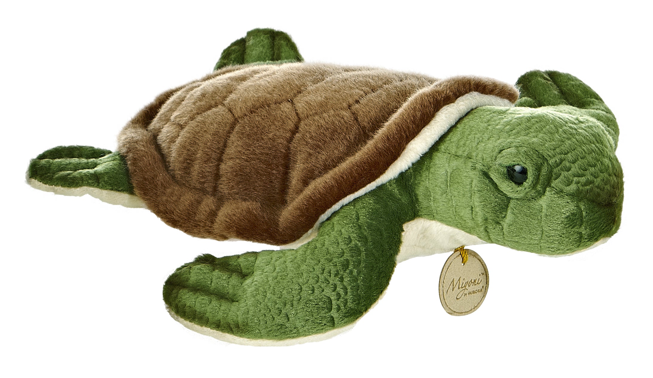 A green sea turtle plush toy from Miyoni by Aurora with a brown patterned shell and flipper-like limbs.