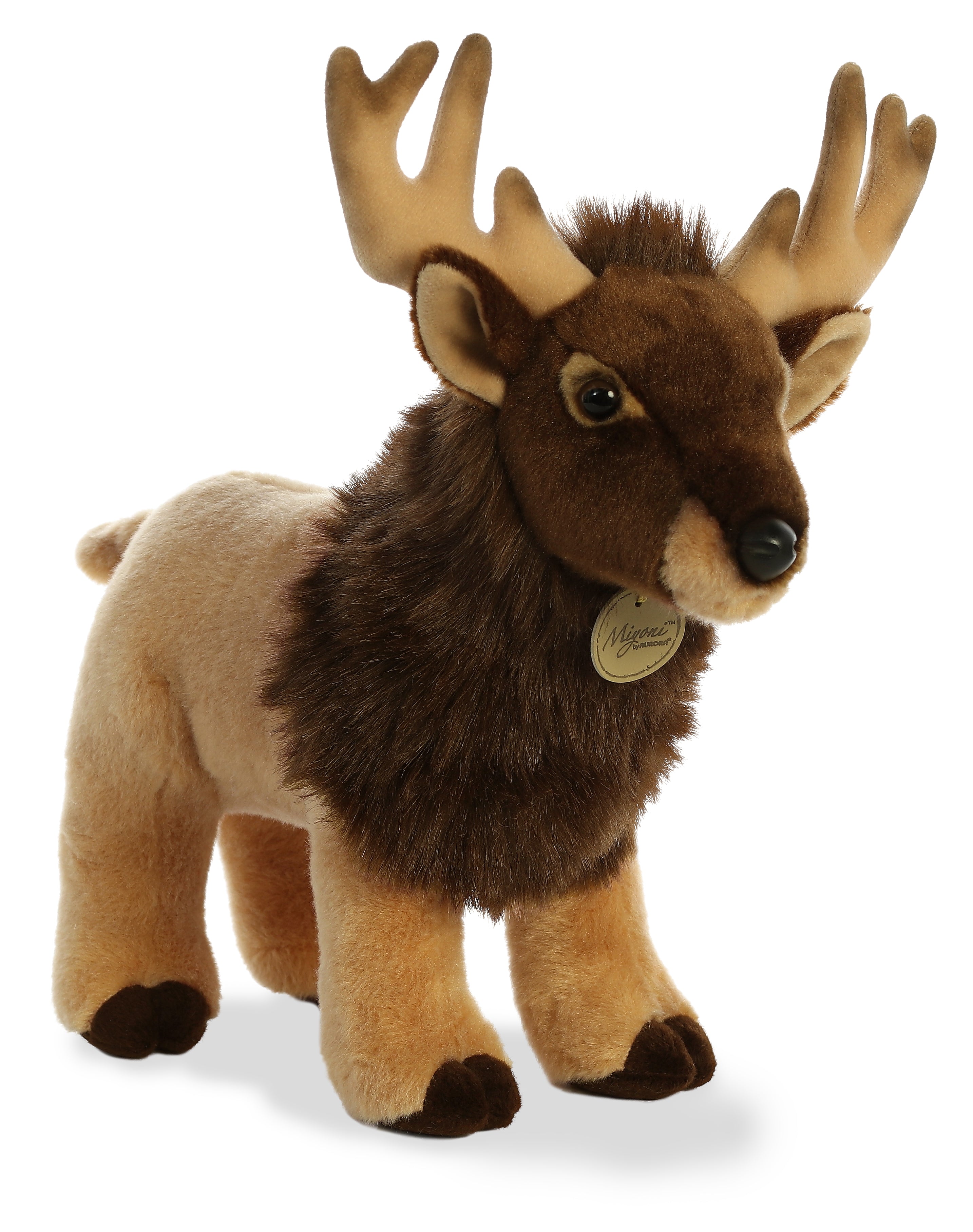 A brown and tan elk plush toy from Miyoni by Aurora with tall antlers and realistic detailing.