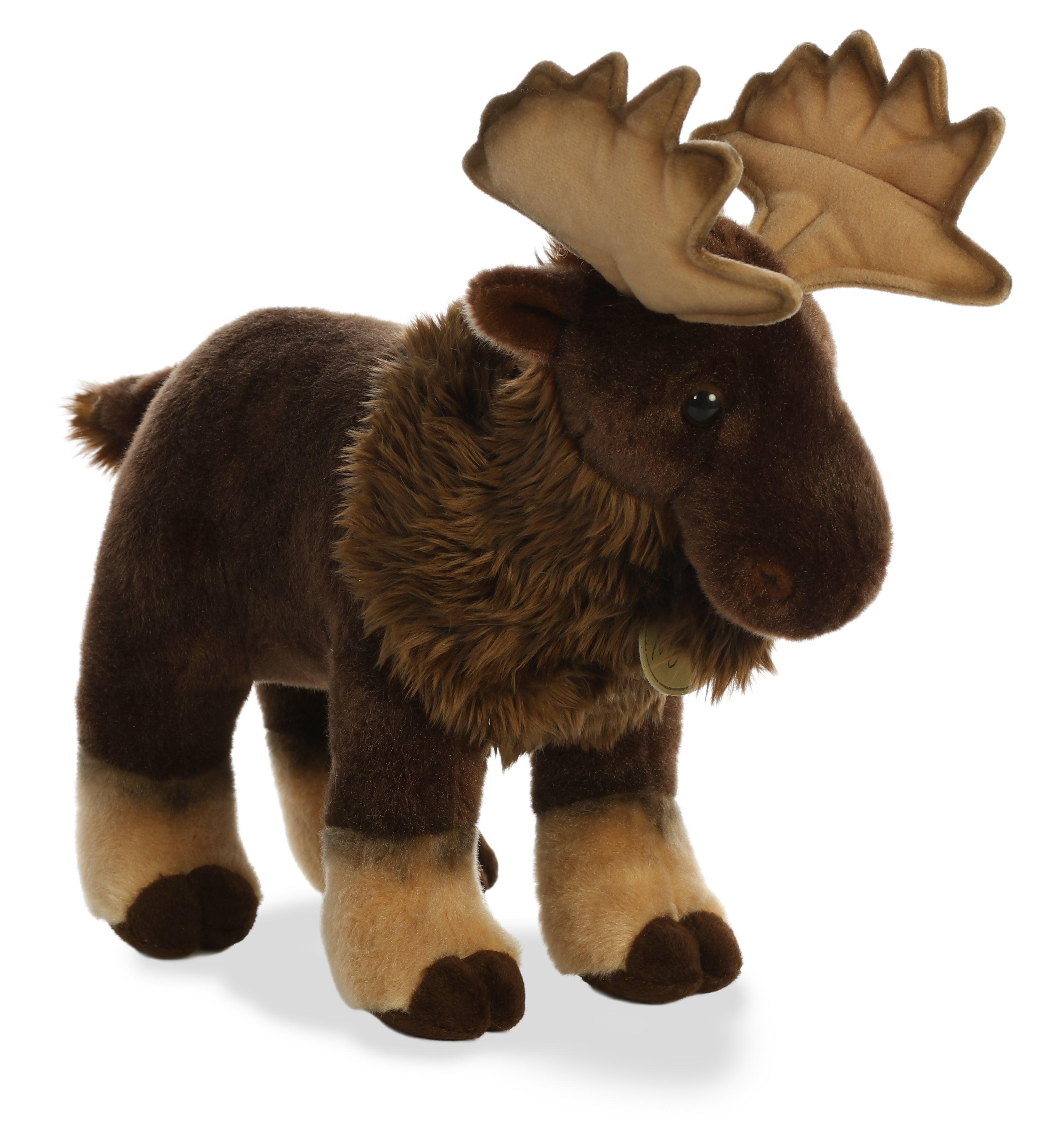 A brown moose plush toy from Miyoni by Aurora with wide antlers and cuddly fur.