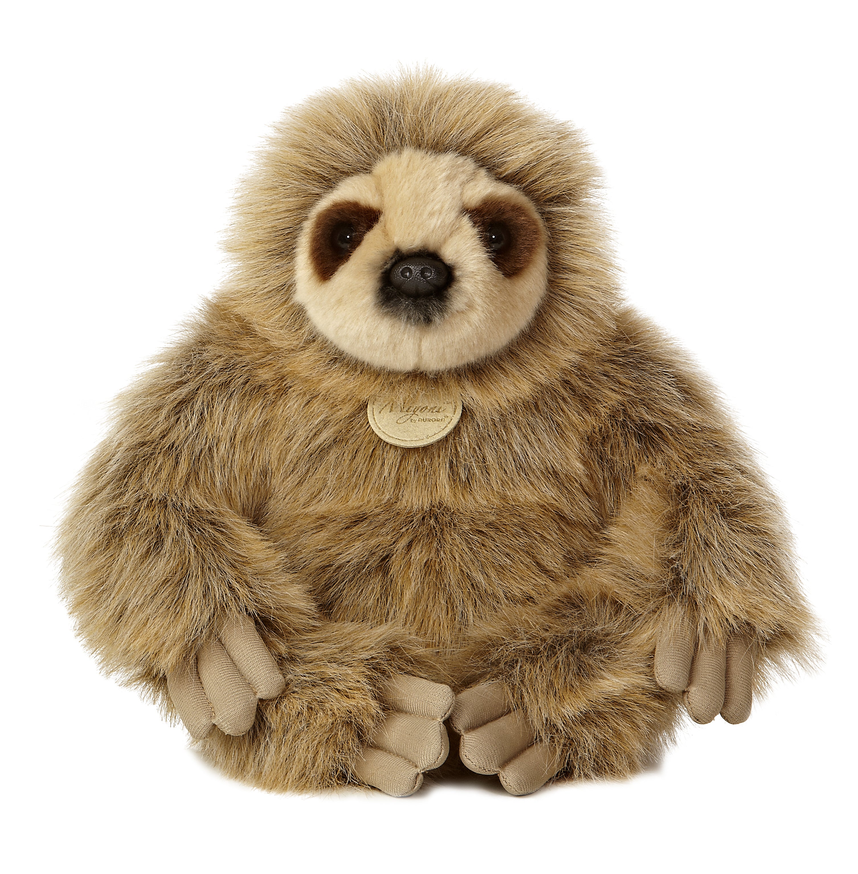 A brown sloth plush toy from Miyoni by Aurora with long limbs and a gentle embroidered expression.