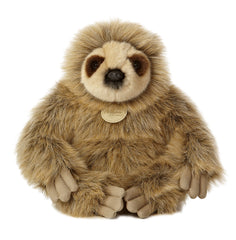 A brown sloth plush toy from Miyoni by Aurora with long limbs and a gentle embroidered expression.