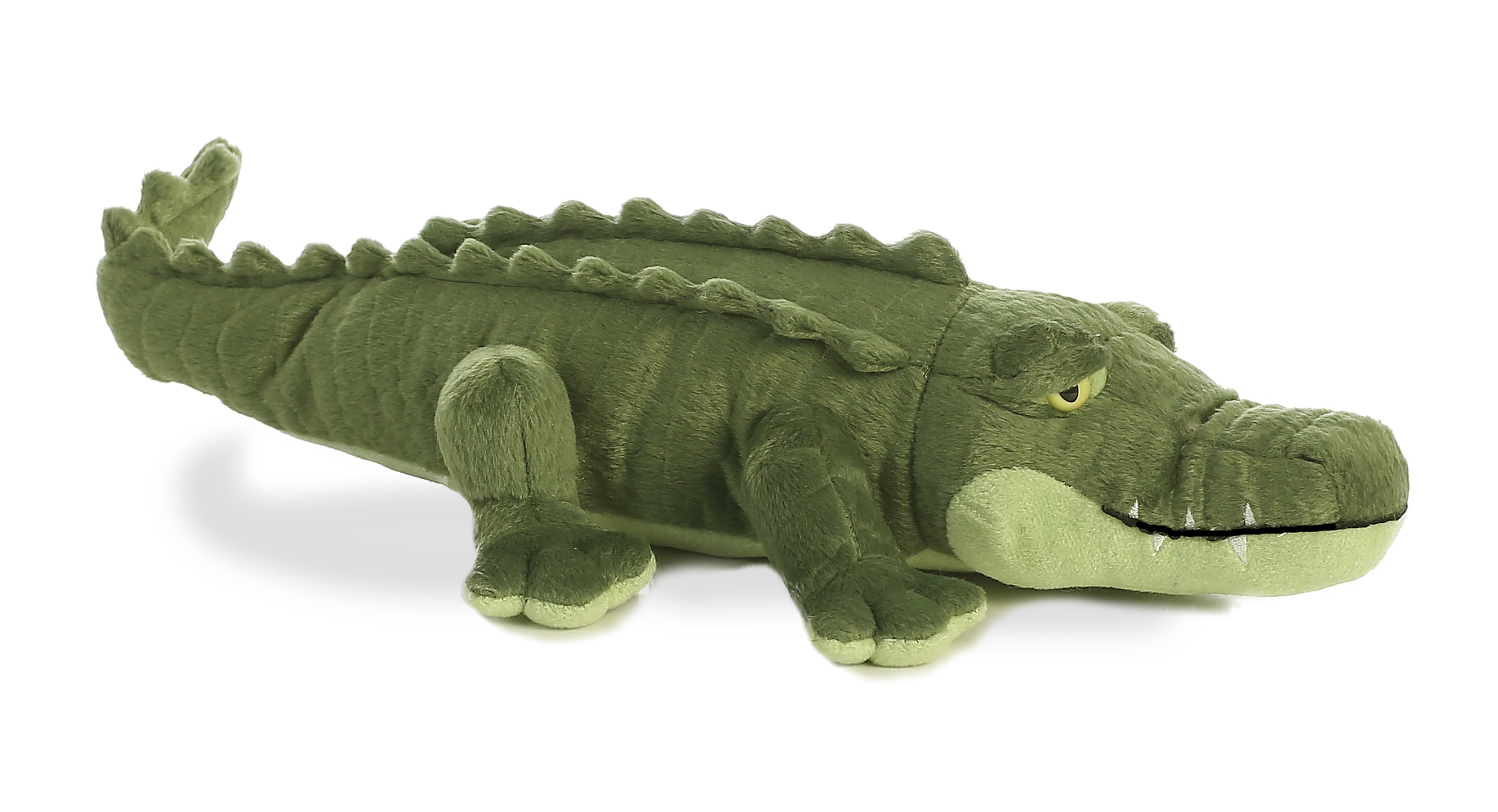 A green alligator plush toy from Miyoni by Aurora with textured scales and embroidered eyes.