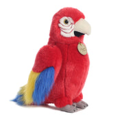A colorful macaw parrot plush toy from Miyoni by Aurora with vivid red, blue, and yellow feathers.