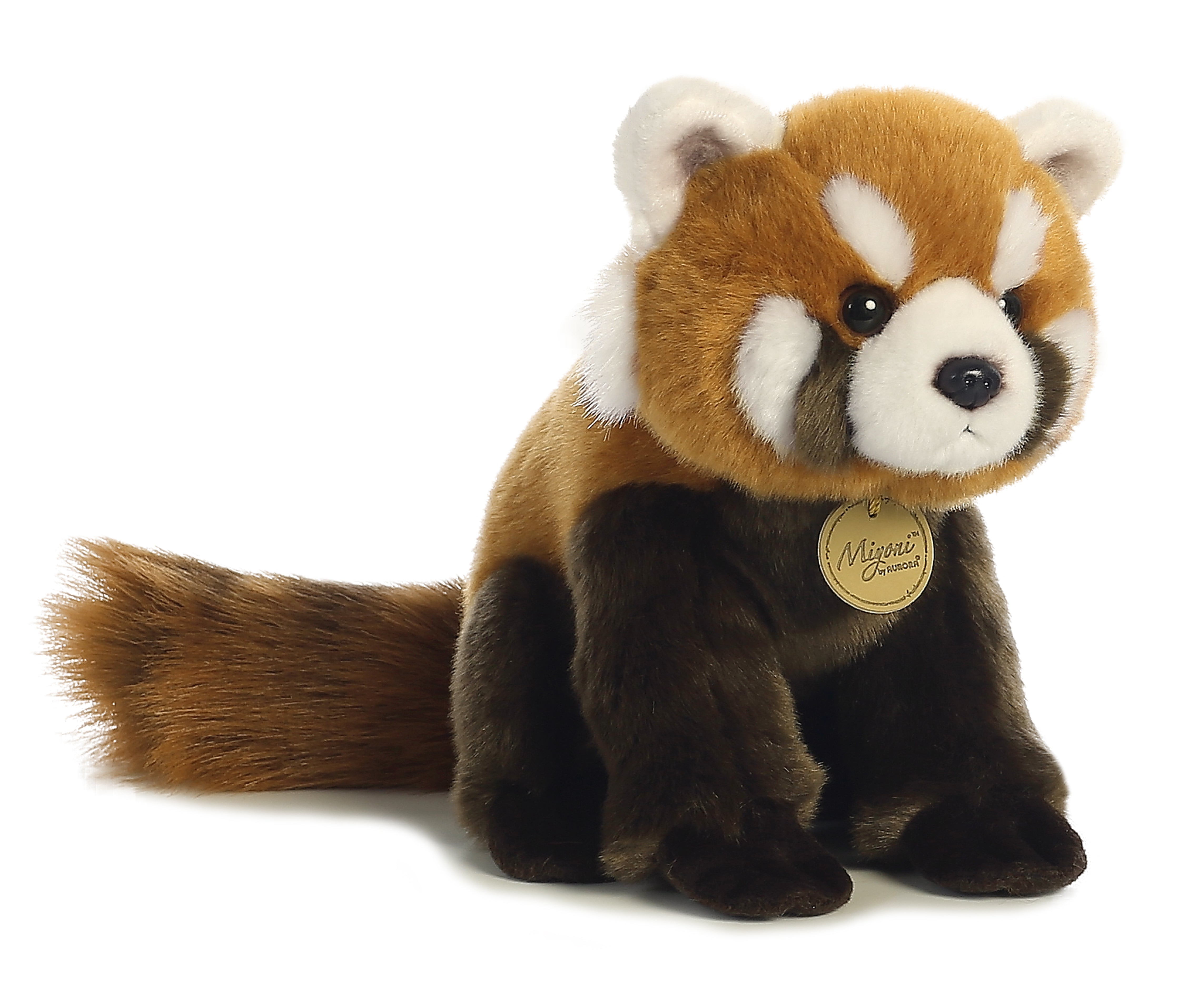 A red panda plush toy from Miyoni by Aurora with russet fur, a striped tail, and detailed facial markings.