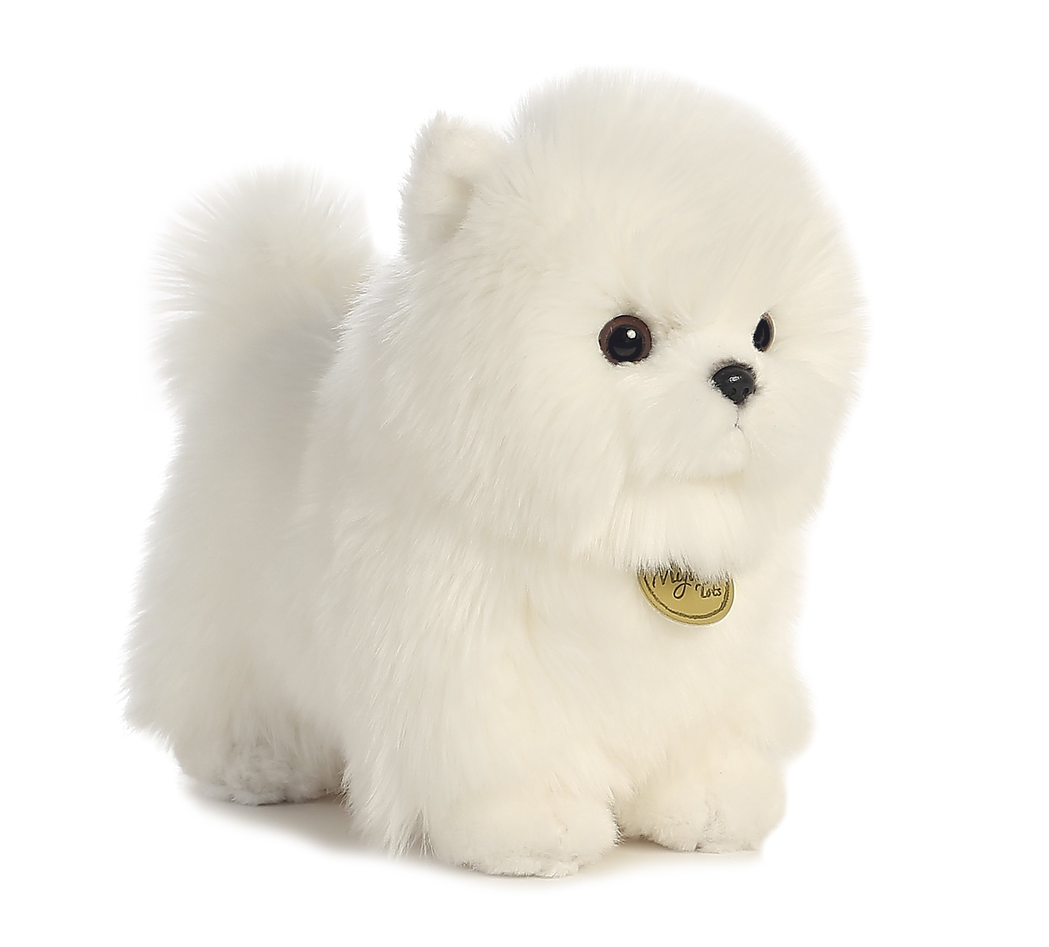 A white Pomeranian stuffed animal from Miyoni Tots by Aurora with fluffy fur and a round face.