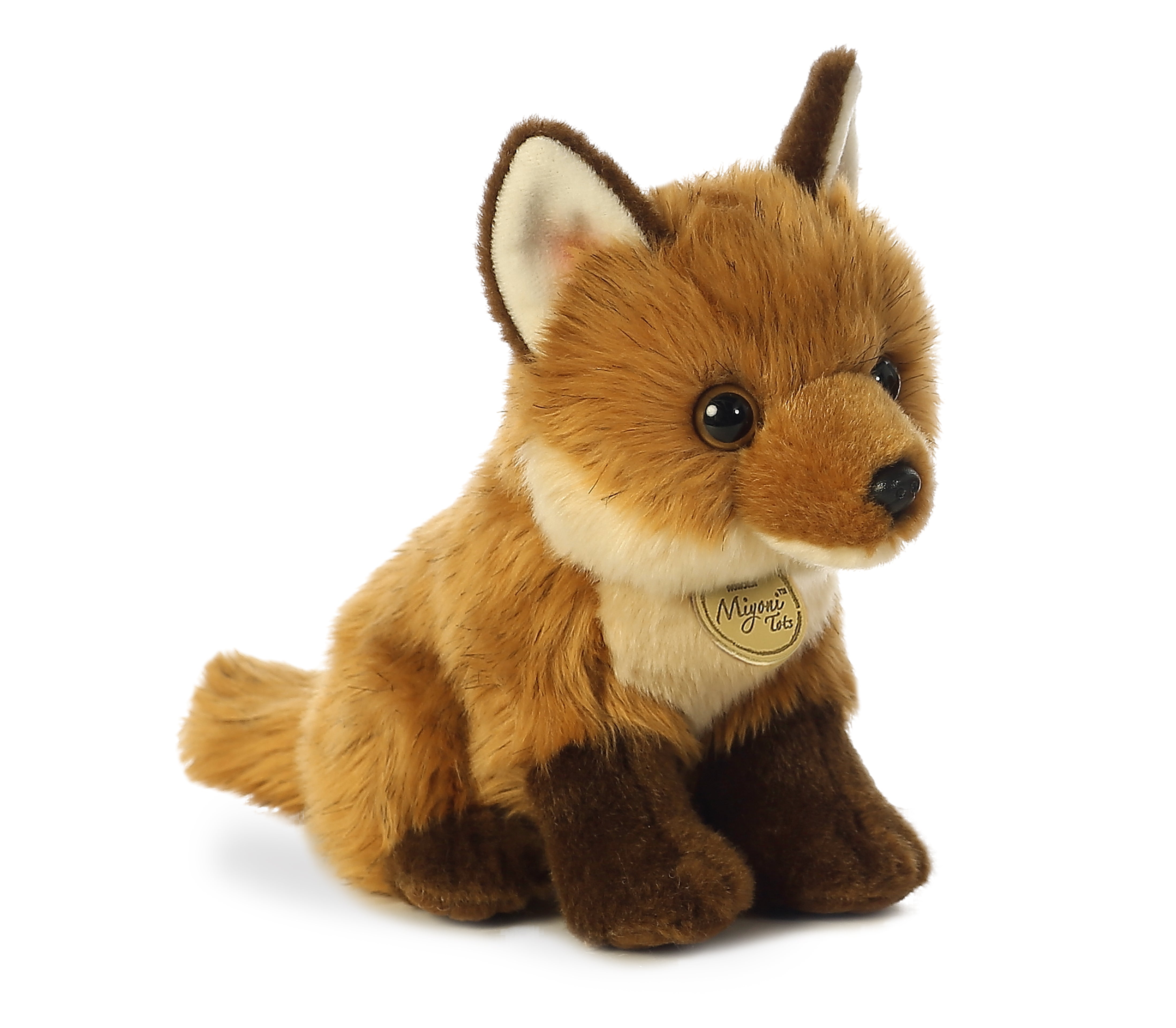 A fox plush toy from Miyoni Tots by Aurora with orange fur and bright, curious eyes.