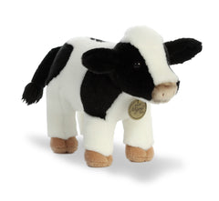 A Holstein calf cow plush toy from Miyoni Tots by Aurora with black and white patches and soft fur.