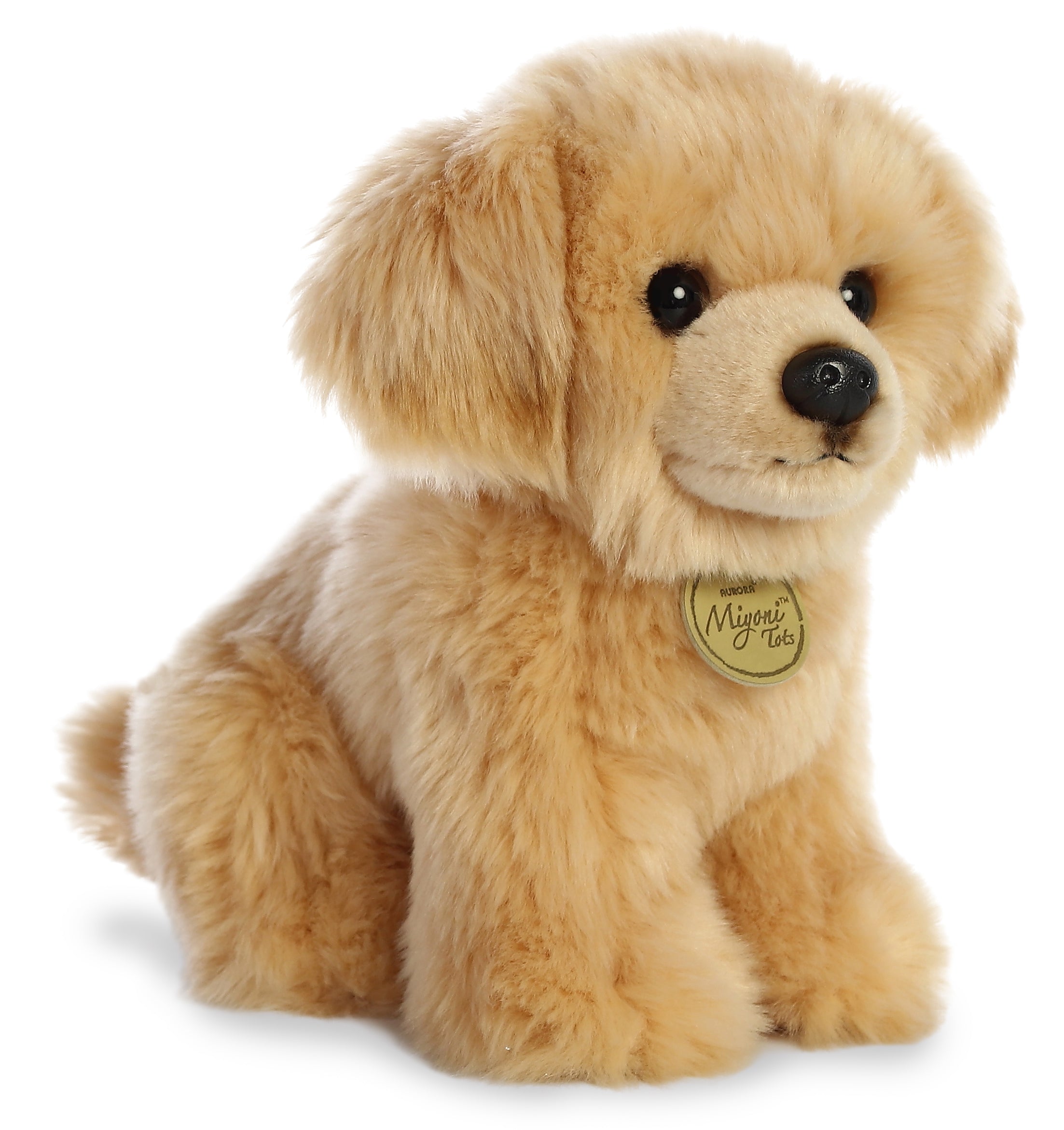 A Golden Retriever plush toy from Miyoni Tots by Aurora with fluffy golden fur and round dark eyes.