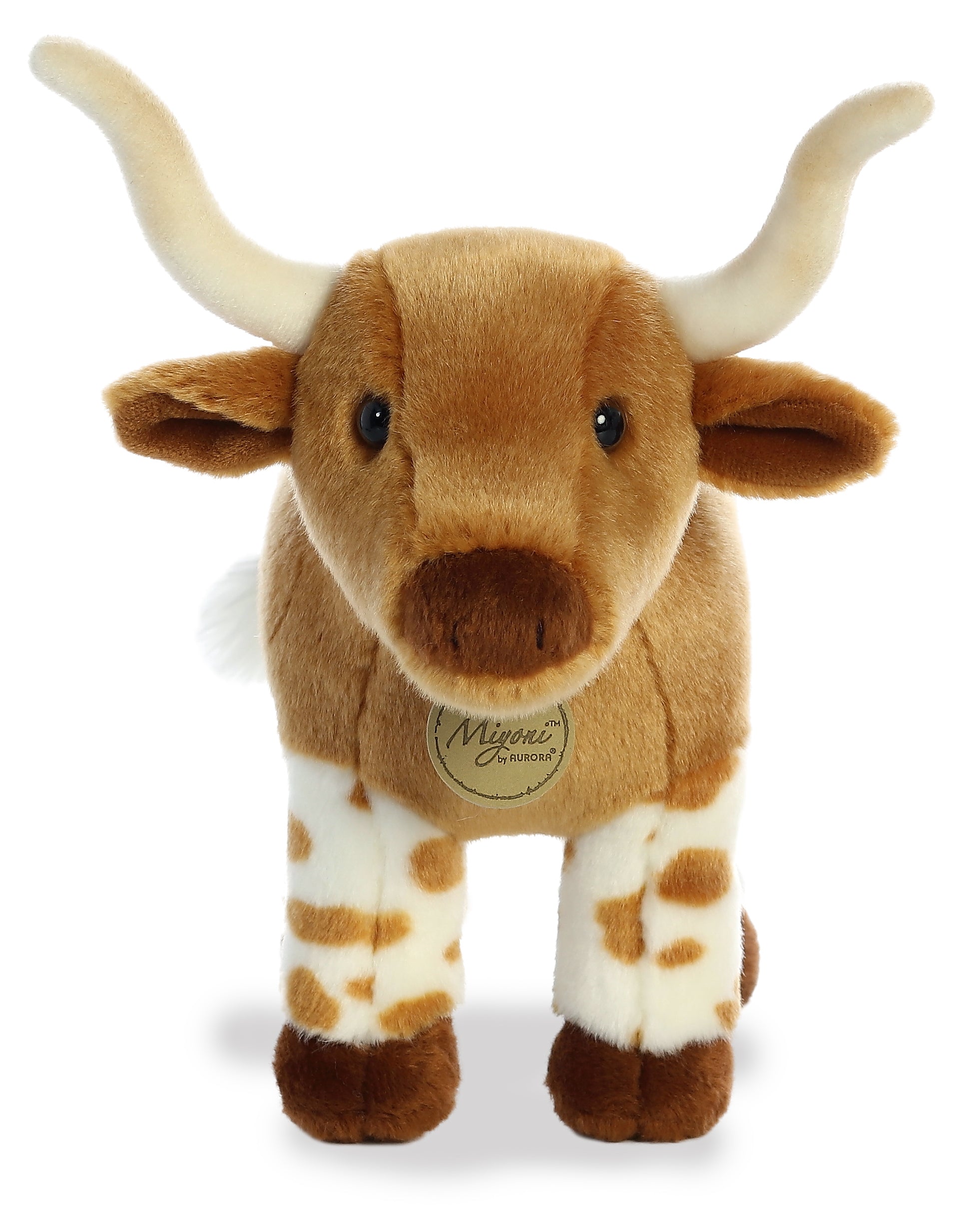 A brown and white longhorn plush toy from Miyoni by Aurora with curved horns and lifelike details.