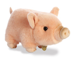 A pink pot-bellied piglet plush toy from Miyoni Tots by Aurora with pink fur and a round snout.