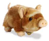 A two-color pot-bellied piglet plush toy from Miyoni Tots by Aurora with brown and white fur.