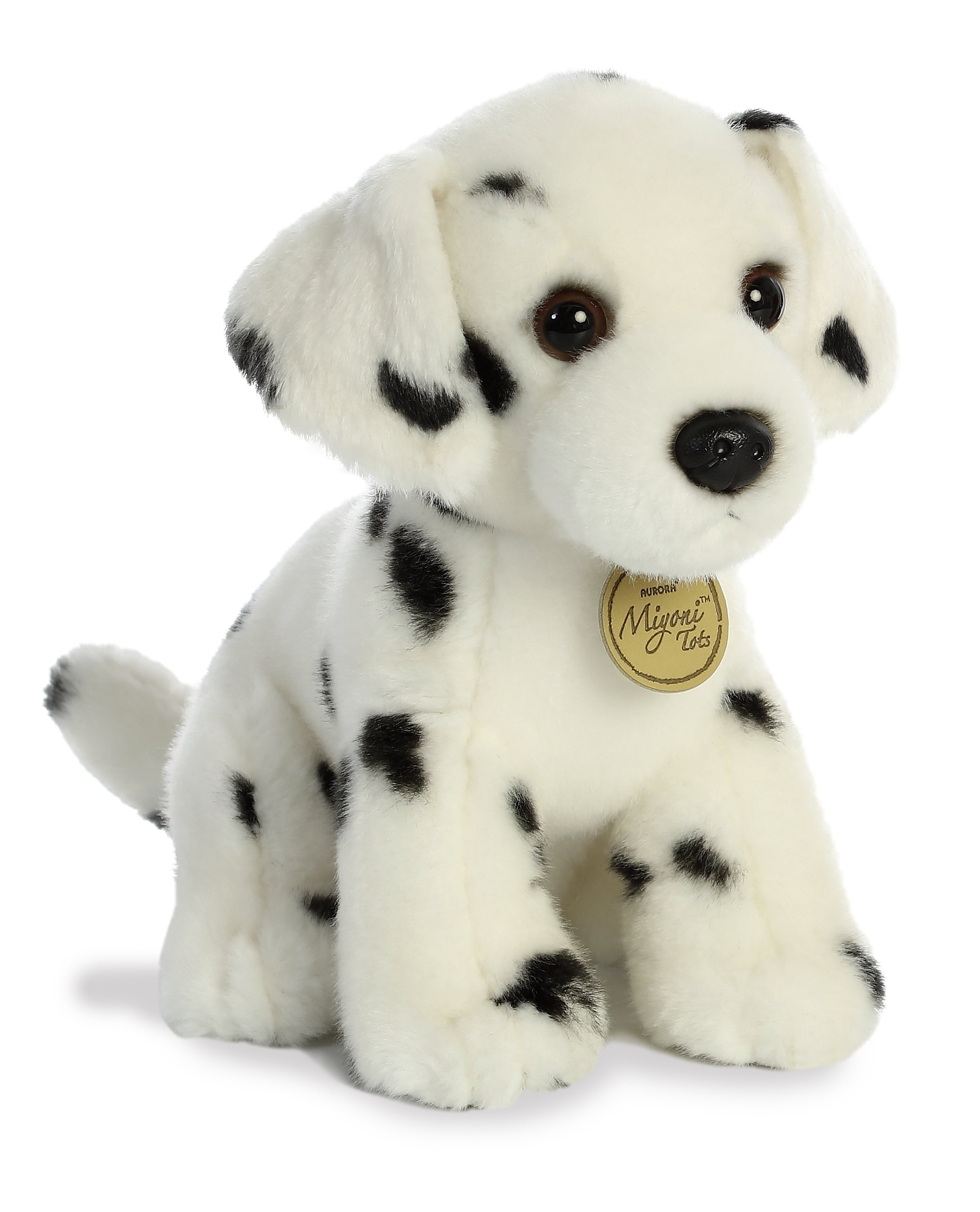 A Dalmatian stuffed animal from Miyoni Tots by Aurora with white fur and black spots.