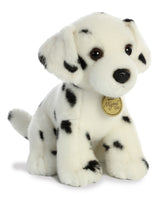 A Dalmatian stuffed animal from Miyoni Tots by Aurora with white fur and black spots.