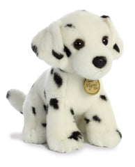 A Dalmatian stuffed animal from Miyoni Tots by Aurora with white fur and black spots.