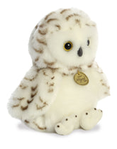 A snowy owl plush toy from Miyoni Tots by Aurora with white fur, brown accents, and bright round eyes.