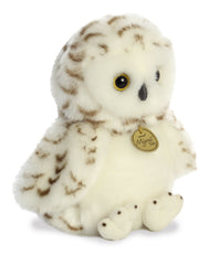 A snowy owl plush toy from Miyoni Tots by Aurora with white fur, brown accents, and bright round eyes.