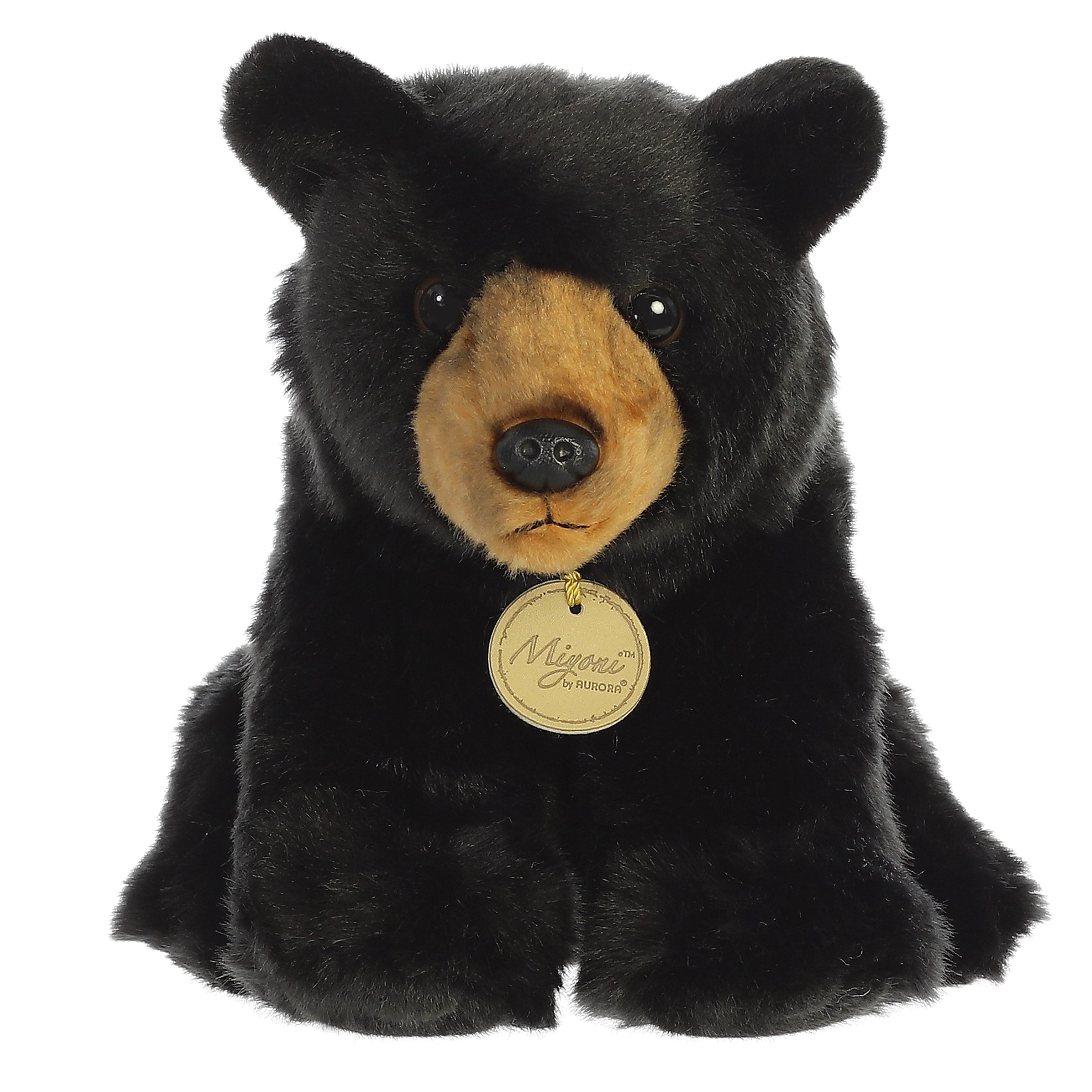 A black bear plush toy from Miyoni by Aurora with a brown muzzle and soulful, gentle eyes.