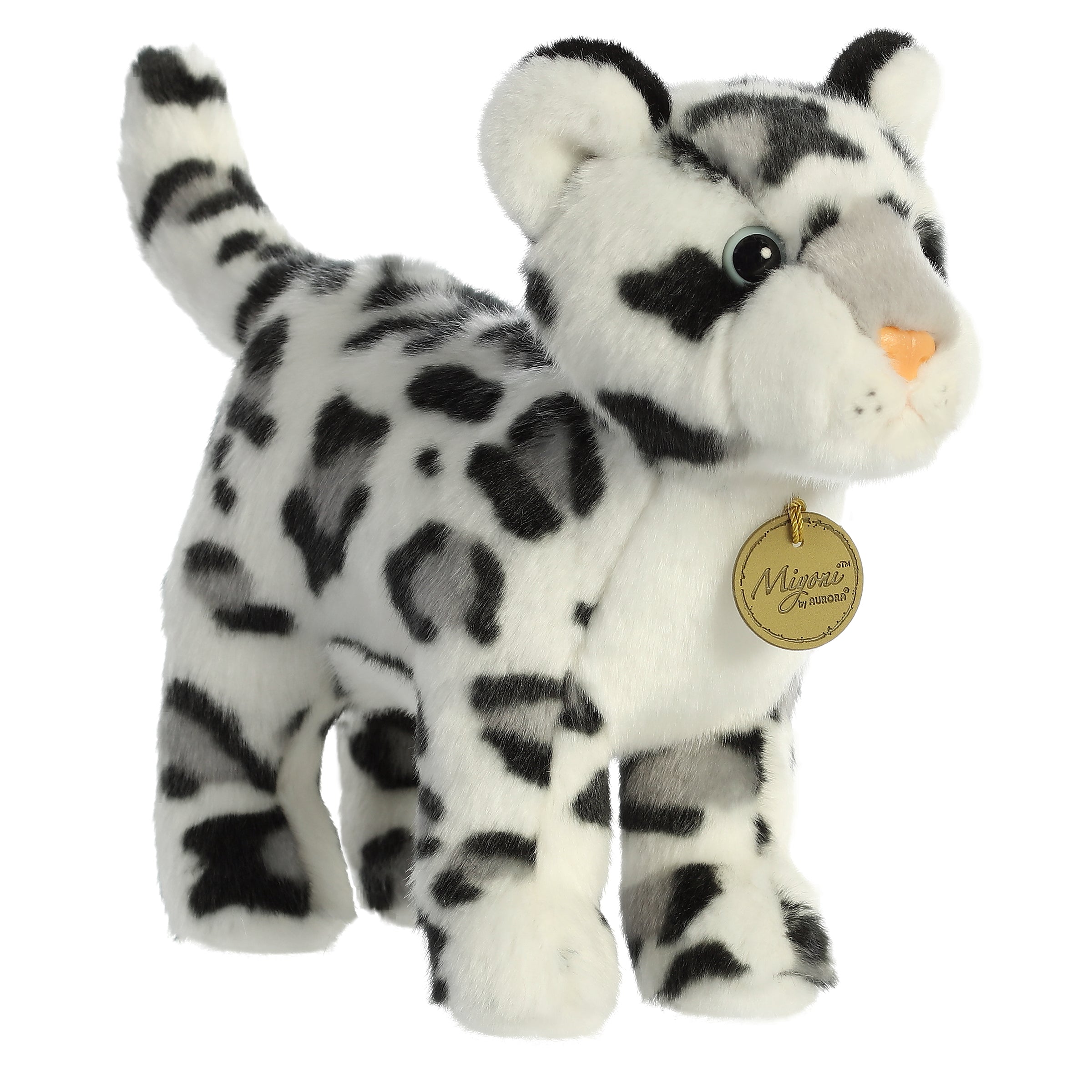 A snow leopard plush toy from Miyoni by Aurora with a white spotted coat and expressive eyes.