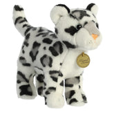 A snow leopard plush toy from Miyoni by Aurora with a white spotted coat and expressive eyes.