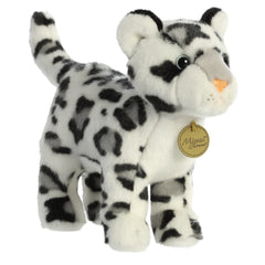 A snow leopard plush toy from Miyoni by Aurora with a white spotted coat and expressive eyes.