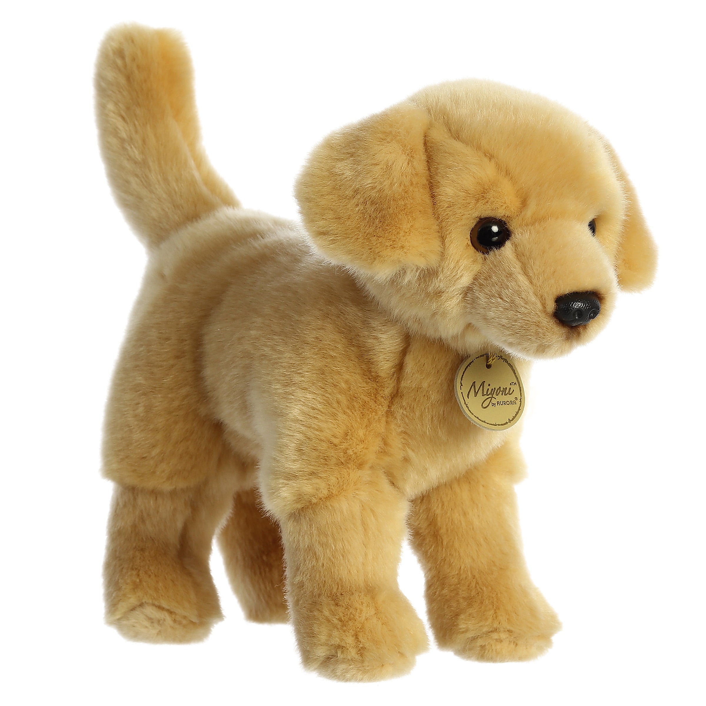A yellow Labrador plush toy from Miyoni by Aurora with floppy ears and a sweet, soulful face.